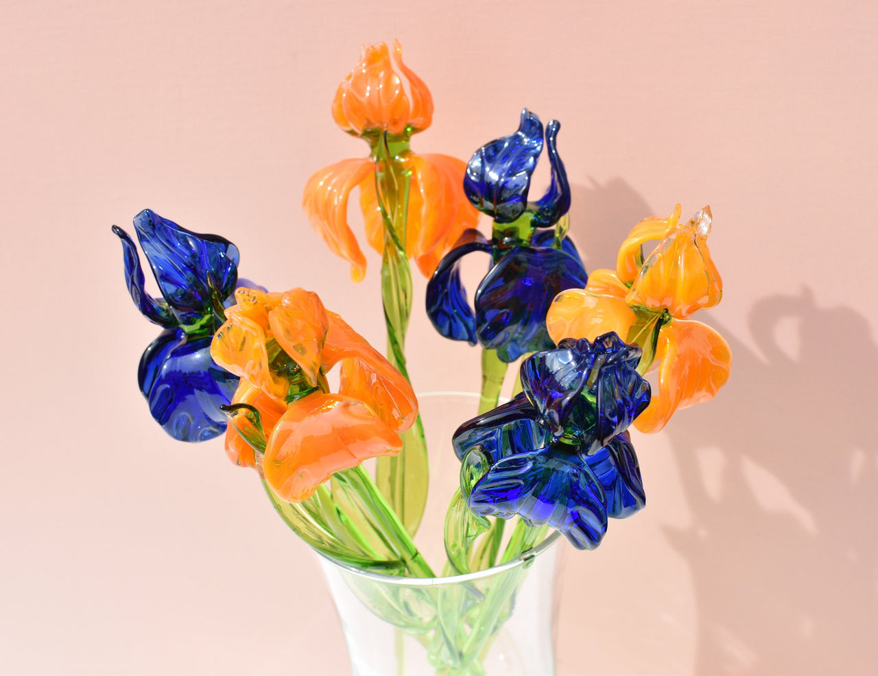 Handmade Glass Flower Bouquet of Irises: Blue & Orange Flame-Worked Flowers