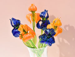 Handmade Glass Flower Bouquet of Irises: Blue & Orange Flame-Worked Flowers