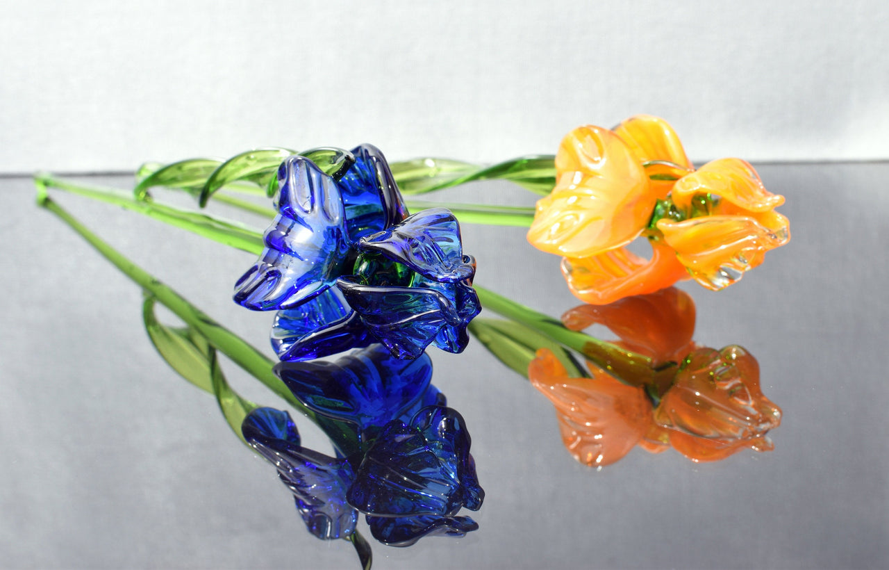 Handmade Glass Flower Bouquet of Irises: Blue & Orange Flame-Worked Flowers