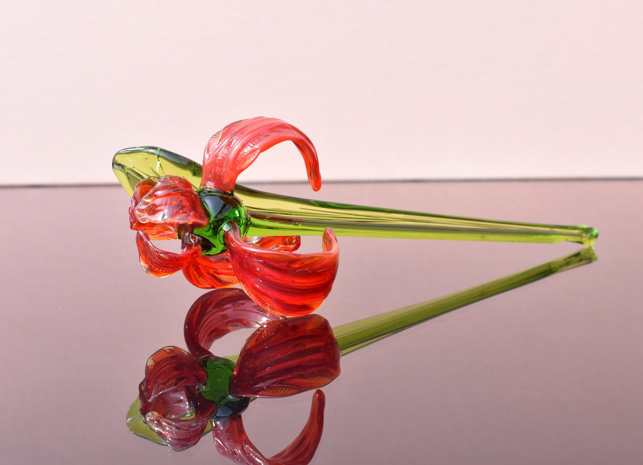 Handmade Red Glass Iris Flower: Flame Worked Sculpture