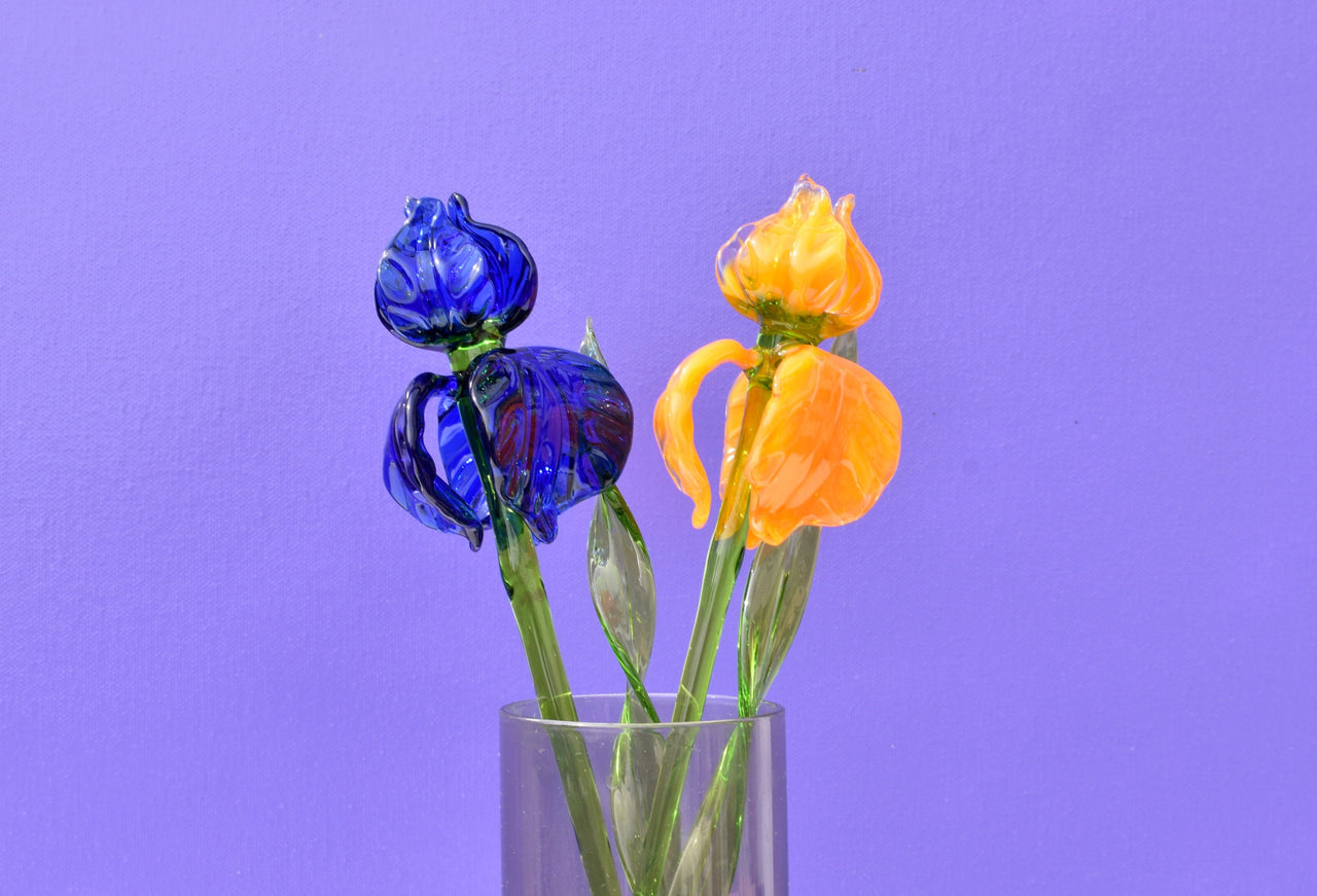 Handmade Glass Iris Bouquet: Blue & Orange Flame-Worked Flowers