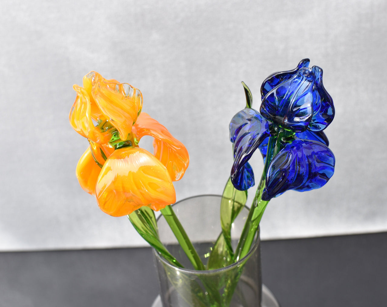 Handmade Glass Iris Bouquet: Blue & Orange Flame-Worked Flowers