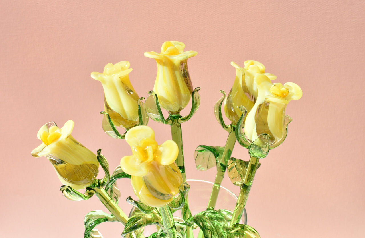 Glass Rose - Hand Blown Glass Flower - Yellow Glass Flowers - Blown Glass Rose - Glass Flower Bouquet - Glass Flower Bouquet -Christmas Gift