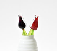 Handmade Glass Tulip Duo: Red and Purple Flame-Worked Flowers