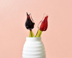 Handmade Glass Tulip Duo: Red and Purple Flame-Worked Flowers