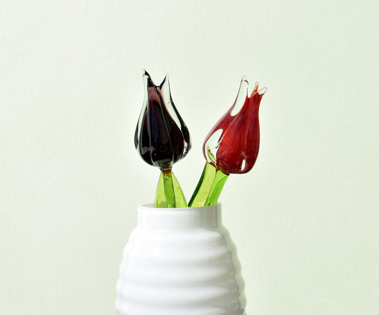 Handmade Glass Tulip Duo: Red and Purple Flame-Worked Flowers