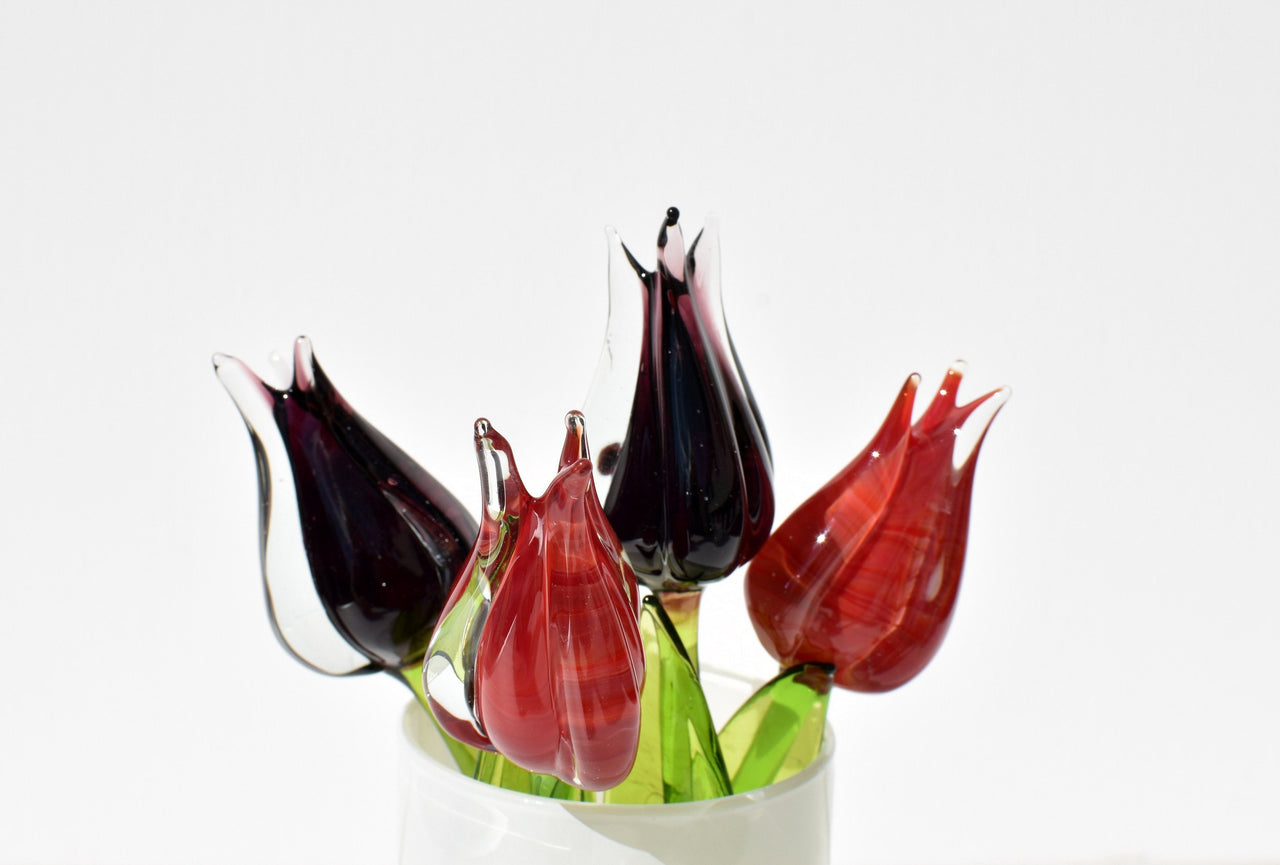 Handmade Glass Tulip Duo: Red and Purple Flame-Worked Flowers