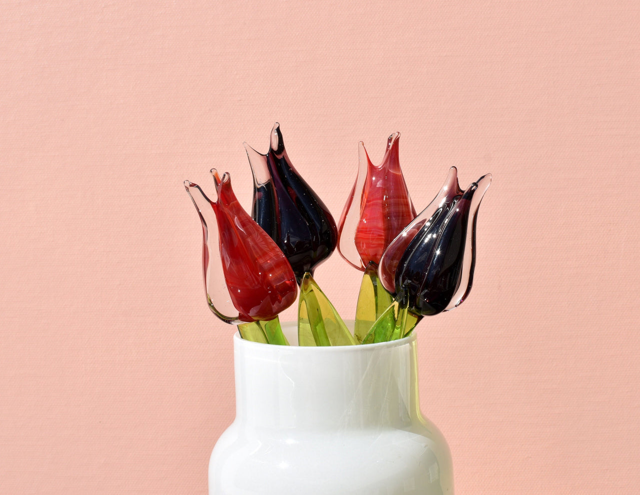 Handmade Glass Tulip Duo: Red and Purple Flame-Worked Flowers