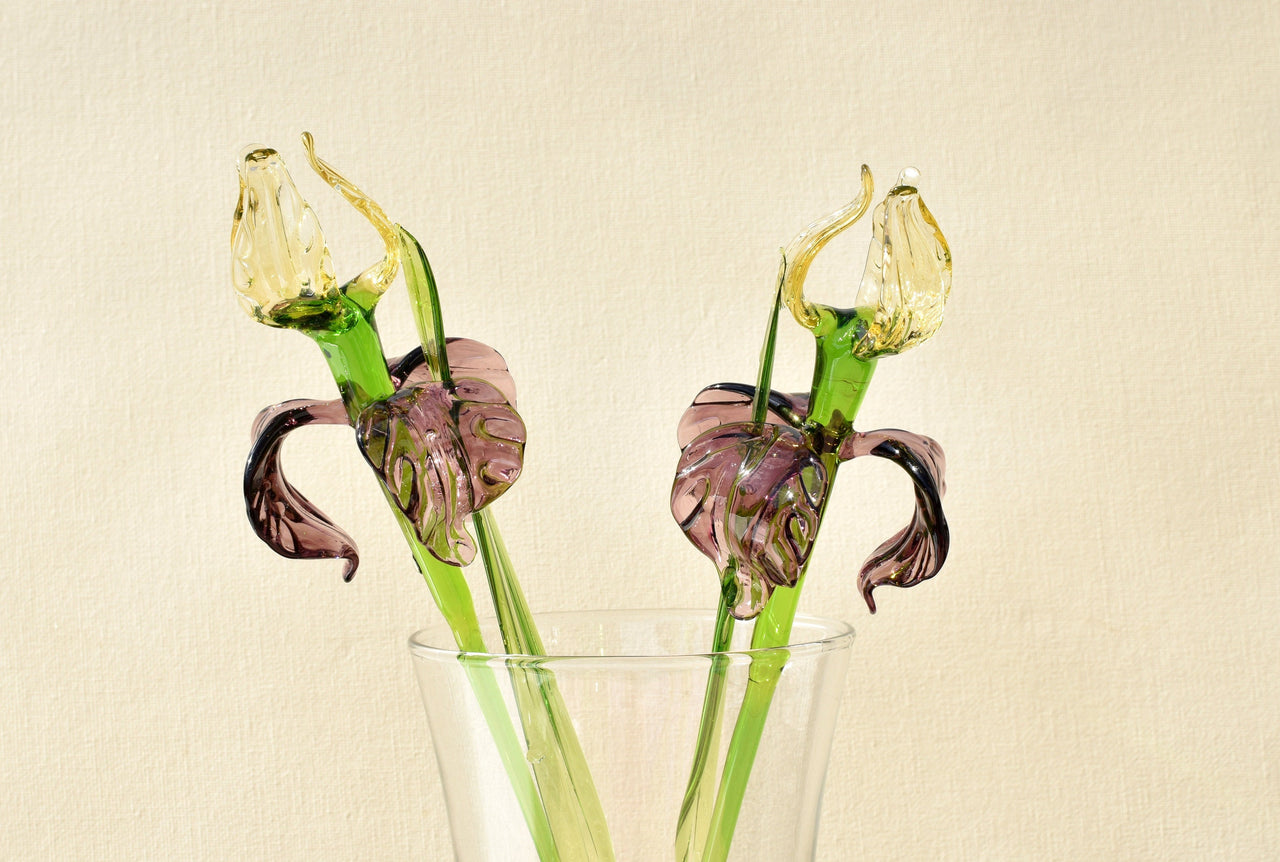 Handmade Glass Iris Flower Sculpture: Purple & Gold, Weatherproof Decor