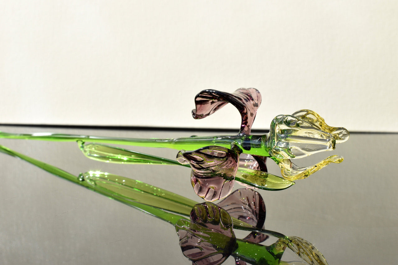 Handmade Glass Iris Flower Sculpture: Purple & Gold, Weatherproof Decor