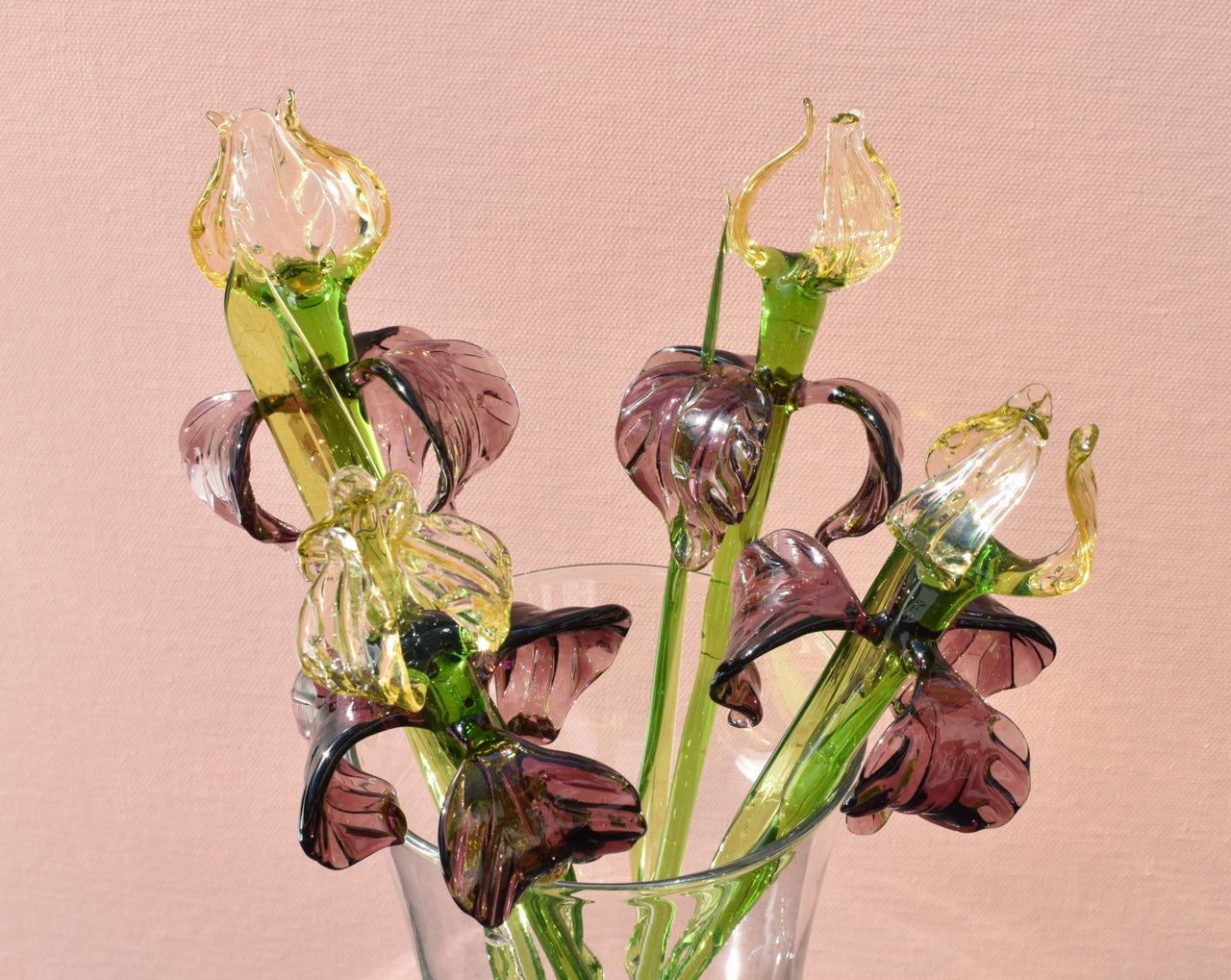 Handmade Glass Iris Flower Sculpture: Purple & Gold, Weatherproof Decor