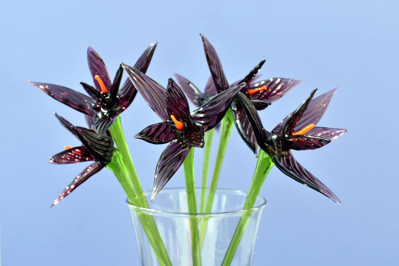 Purple Glass Flowers, Bird of Paradise Art Flower, Glass Birth Month Flower, Long Stem Glass Flowers Bouquet, Forever Flowers Gift