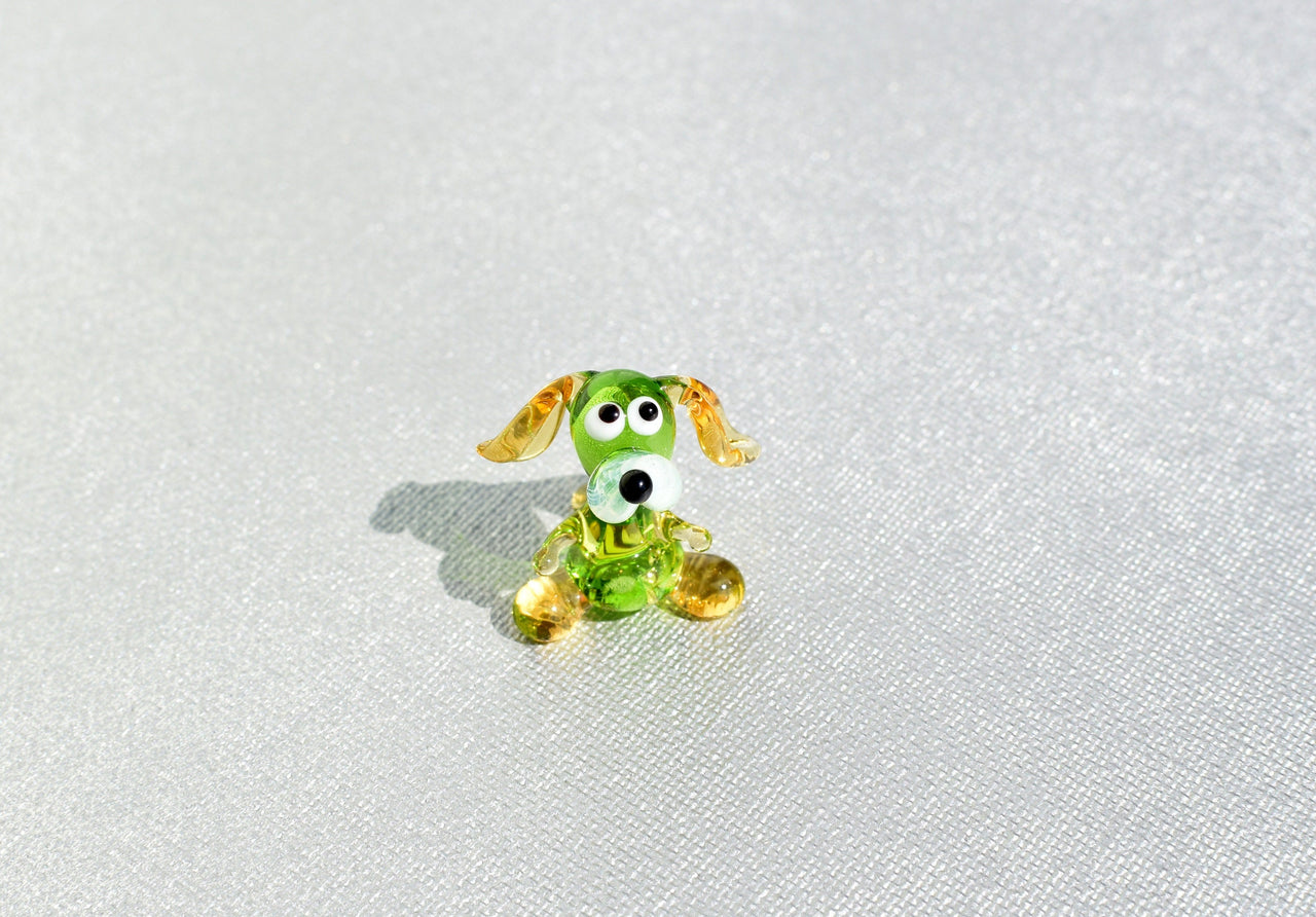 Tiny Green Glass Dog Figurine: Whimsical Lampwork Miniature