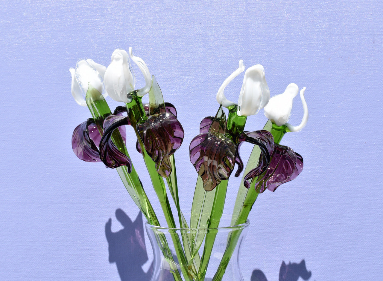 Glass Iris - Glass Flowers Bouquet - Purple Blown Glass Flowers - Handmade Glass Flowers - Christmas Home Decor Gift for Her