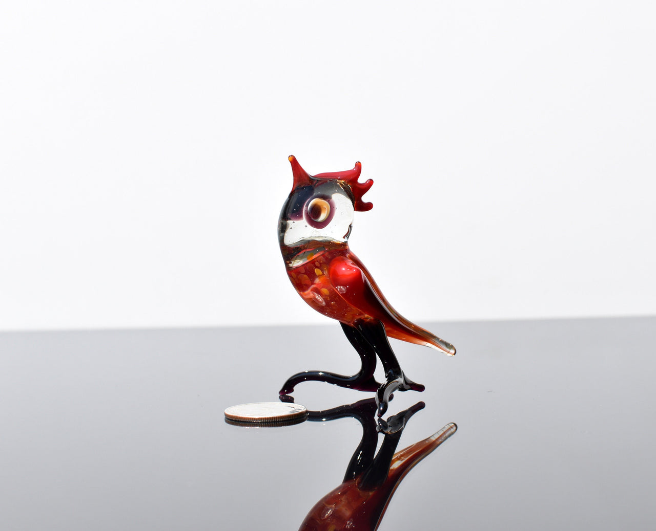 Handmade Red Glass Bird Figurine: Whimsical Art Glass Sculpture