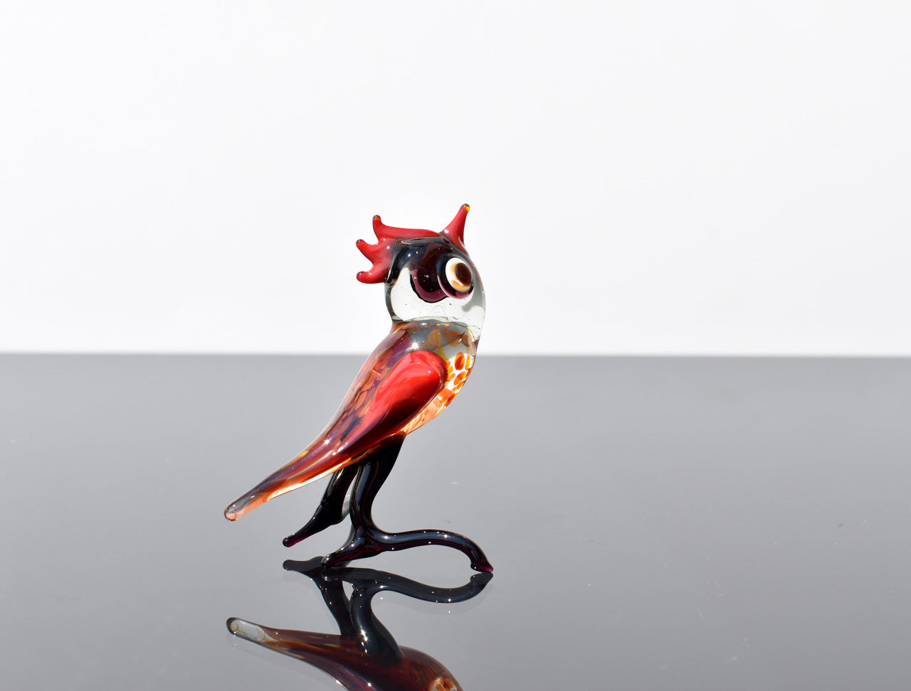 Handmade Red Glass Bird Figurine: Whimsical Art Glass Sculpture