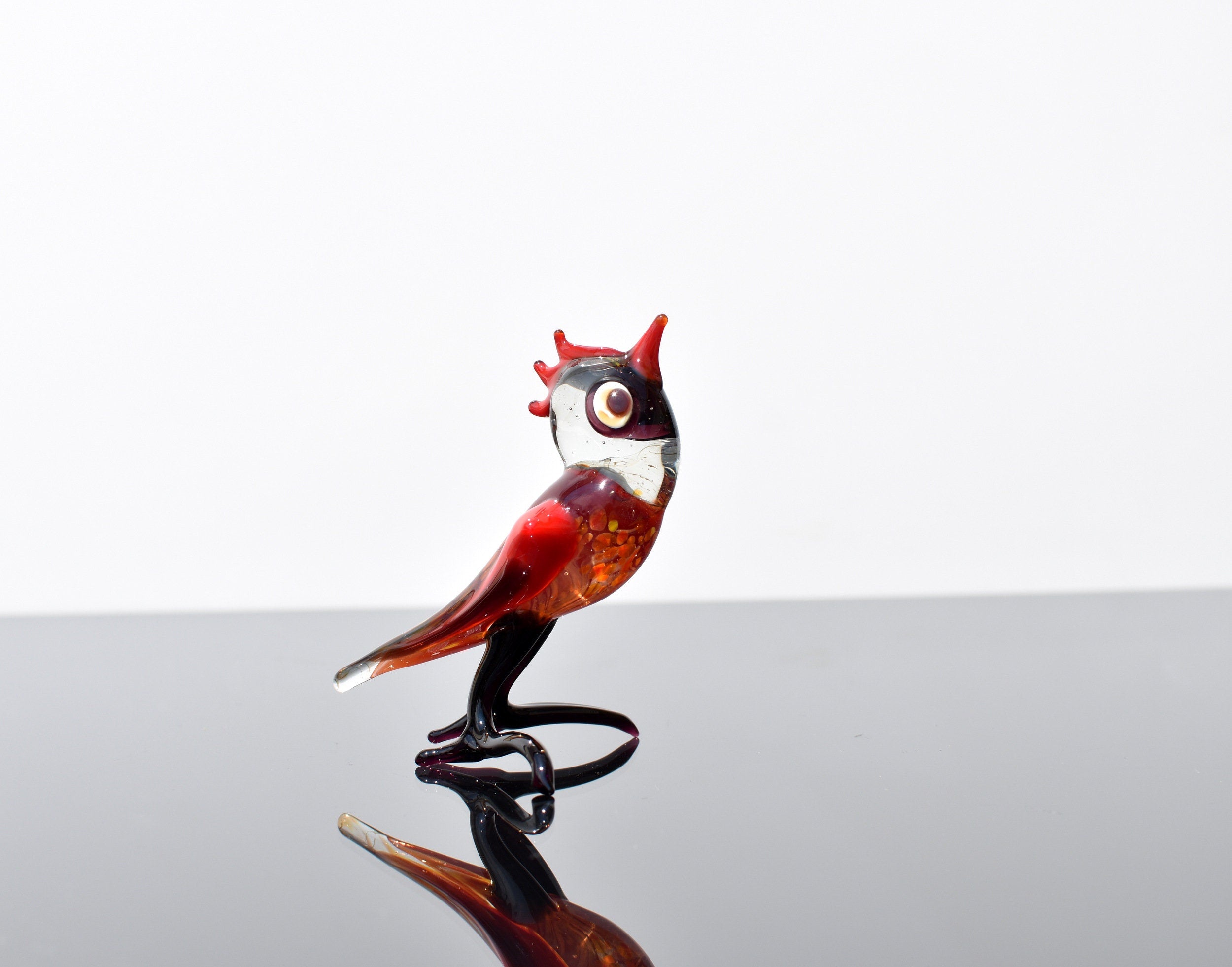Handmade Red Glass Bird Figurine: Whimsical Art Glass Sculpture