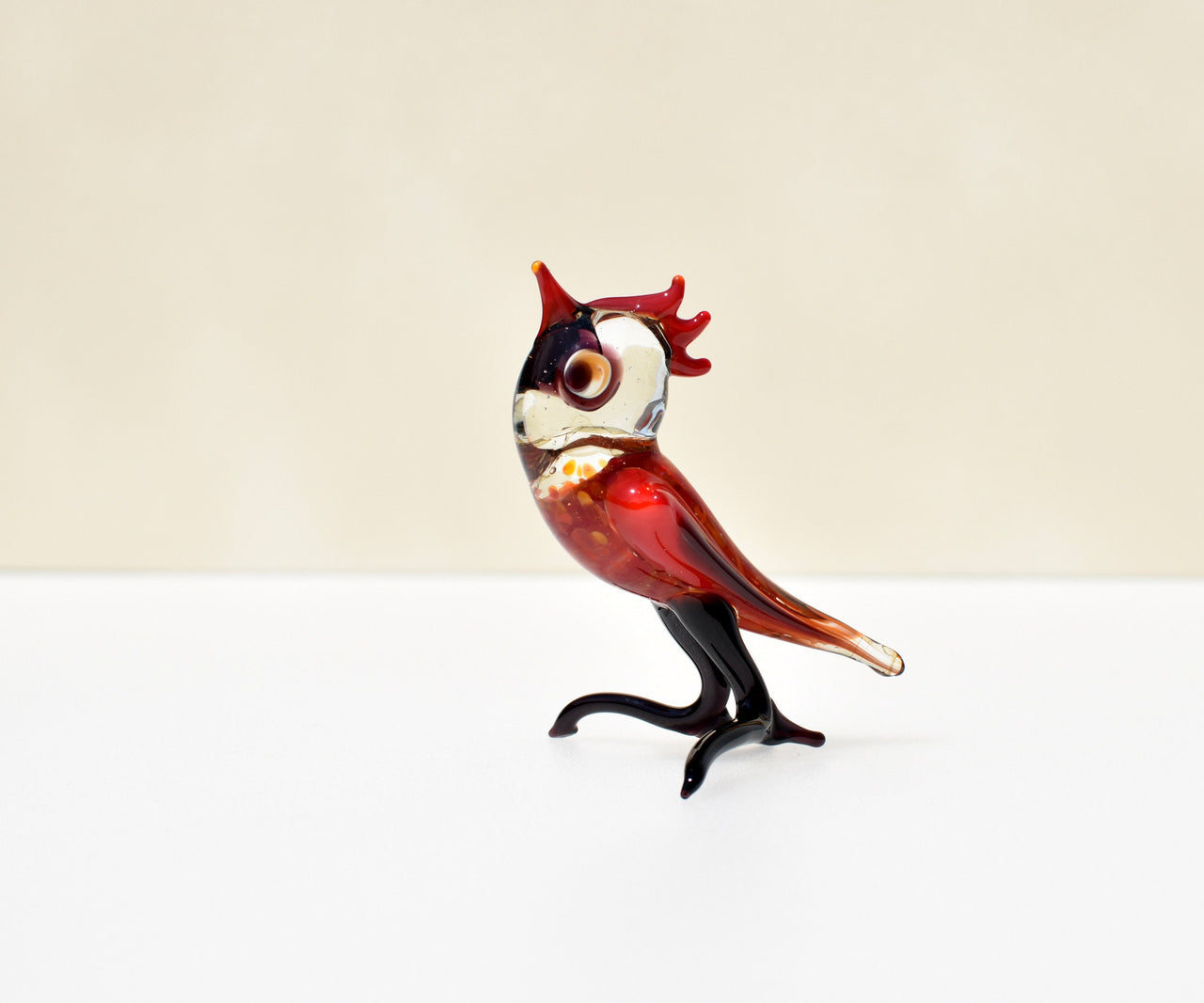 Handmade Red Glass Bird Figurine: Whimsical Art Glass Sculpture