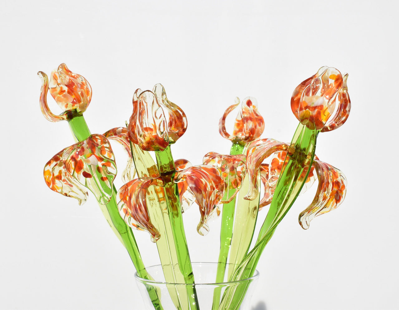 Hand Blown Glass Iris Flower: Orange Theme, Long Stem, Collectible Sculpture