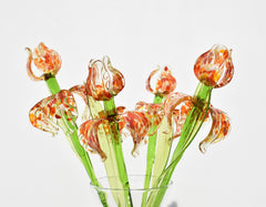Hand Blown Glass Iris Flower: Orange Theme, Long Stem, Collectible Sculpture