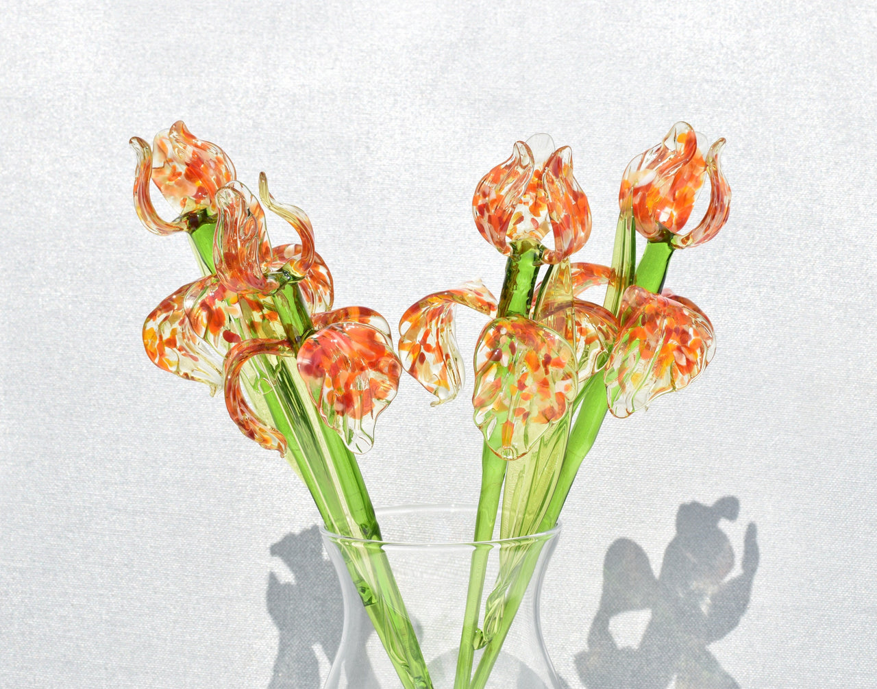 Hand Blown Glass Iris Flower: Orange Theme, Long Stem, Collectible Sculpture