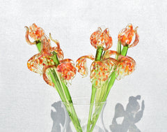 Hand Blown Glass Iris Flower: Orange Theme, Long Stem, Collectible Sculpture