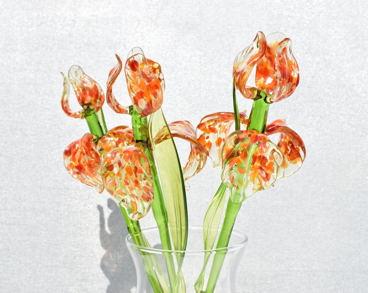 Hand Blown Glass Iris Flower: Orange Theme, Long Stem, Collectible Sculpture