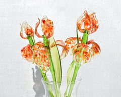 Hand Blown Glass Iris Flower: Orange Theme, Long Stem, Collectible Sculpture