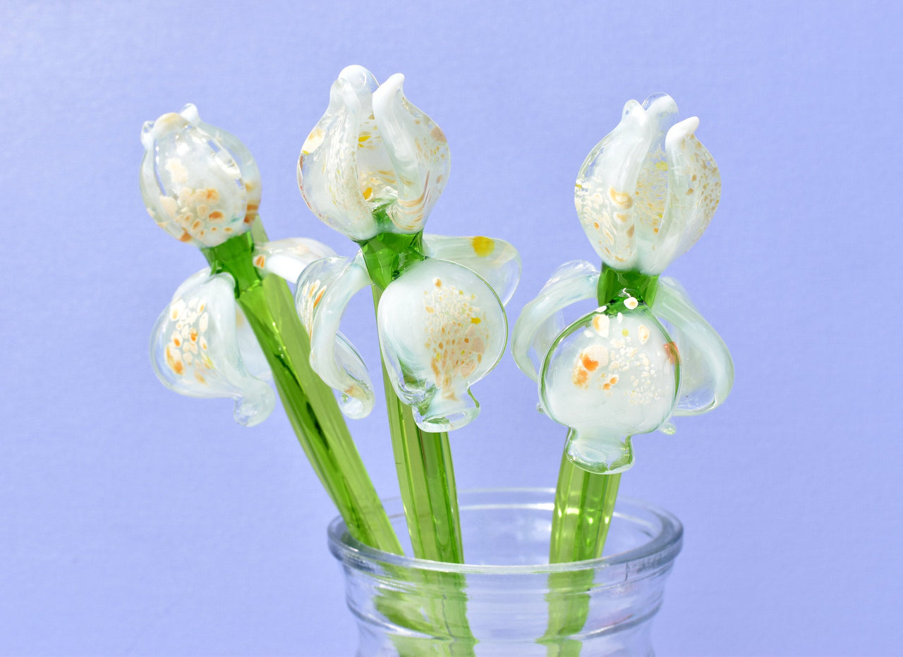 Glass iris - White Glass Flower Bouquet - Blown Glass Flowers - Glass Flowers - Christmas Gift for Her Decor