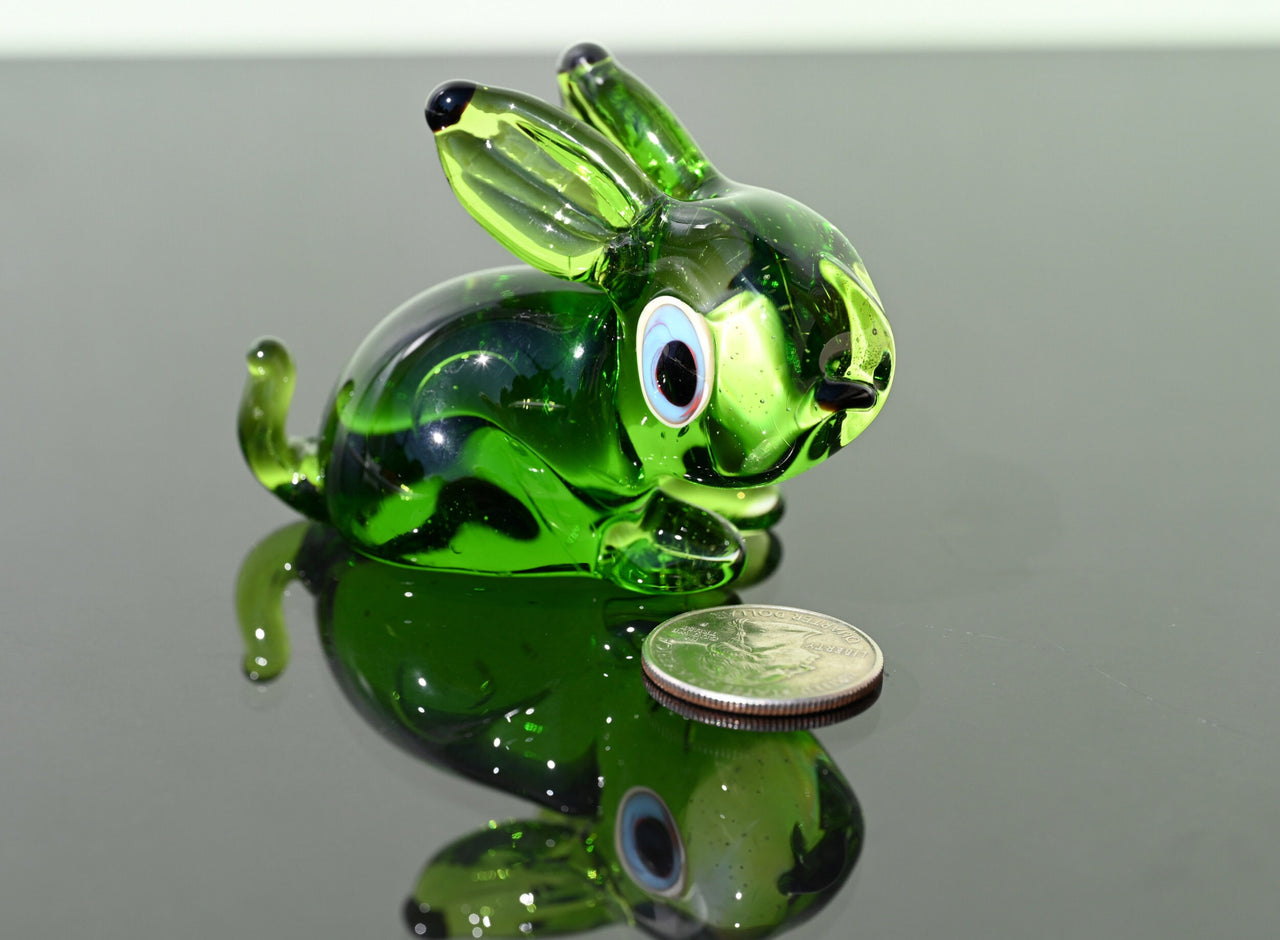 Cute  Green Glass Bunny. Detailed figurine with a lot of personality. Excellent addition to your glass menagerie collection.