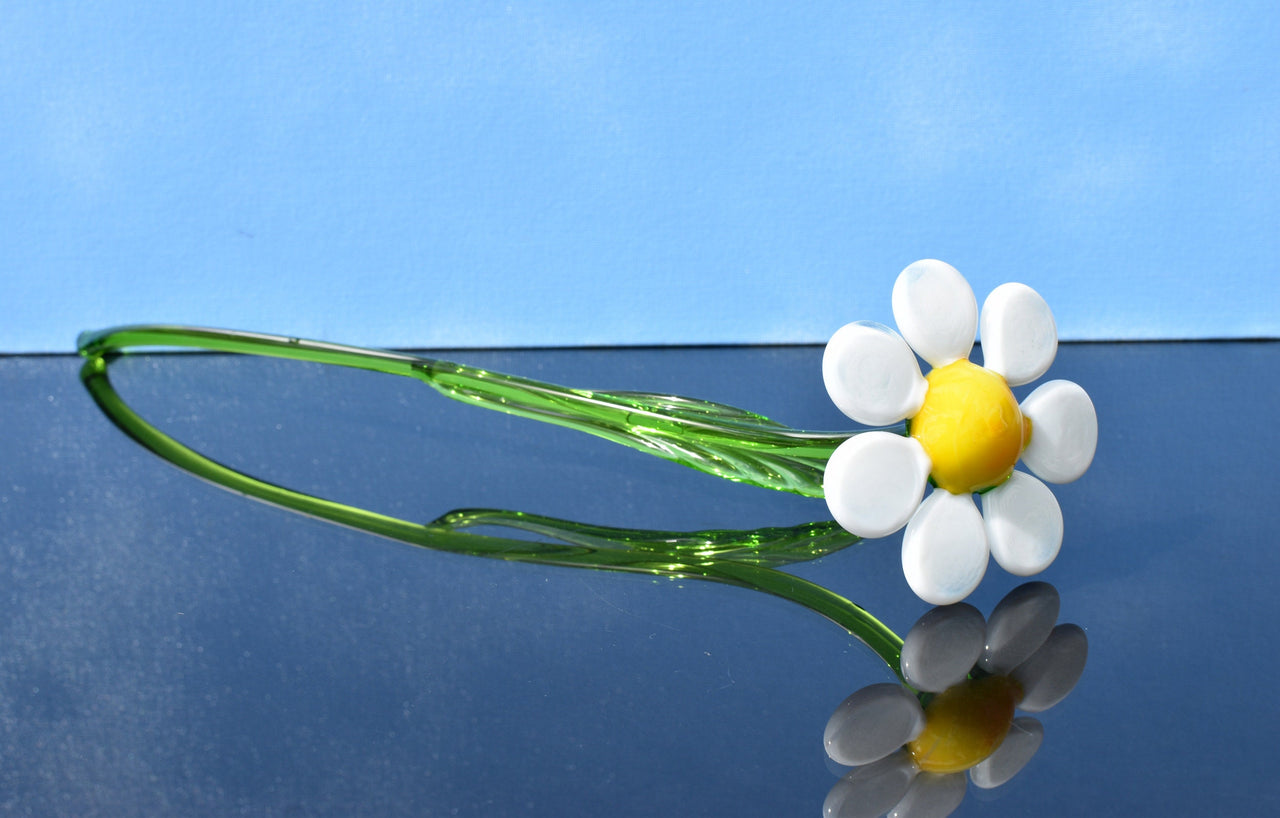 Beautiful long stem white-yellow glass daisy flower. Excellent addition to your glass collection. Each flower is priced individually.