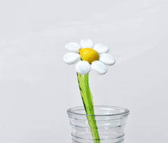 Beautiful long stem white-yellow glass daisy flower. Excellent addition to your glass collection. Each flower is priced individually.