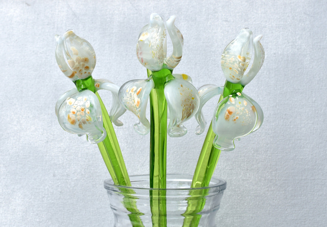 Glass iris - White Glass Flower Bouquet - Blown Glass Flowers - Glass Flowers - Christmas Gift for Her Decor