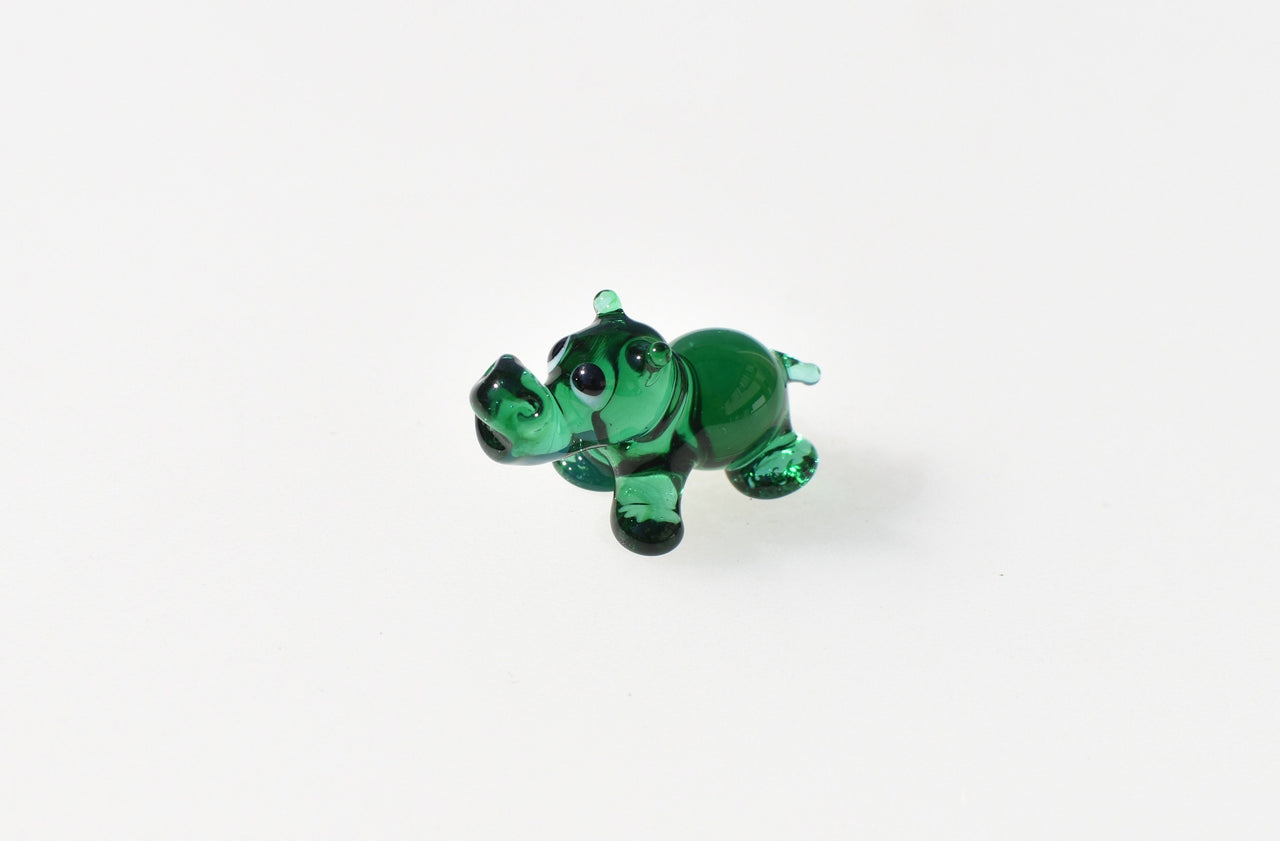 Tiny Green Glass Hippo – Handcrafted Miniature Hippopotamus Figurine