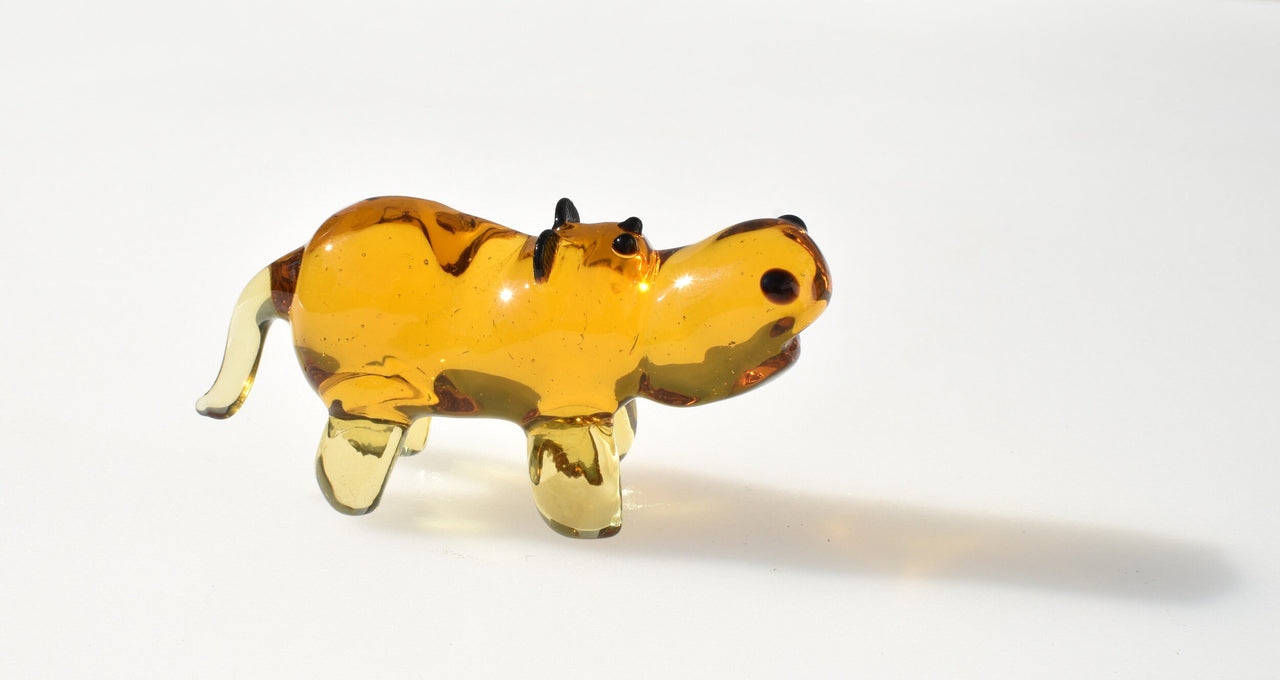 Amber Glass Hippo Figurine – Handcrafted Animal Sculpture, Unique Collectible Gift