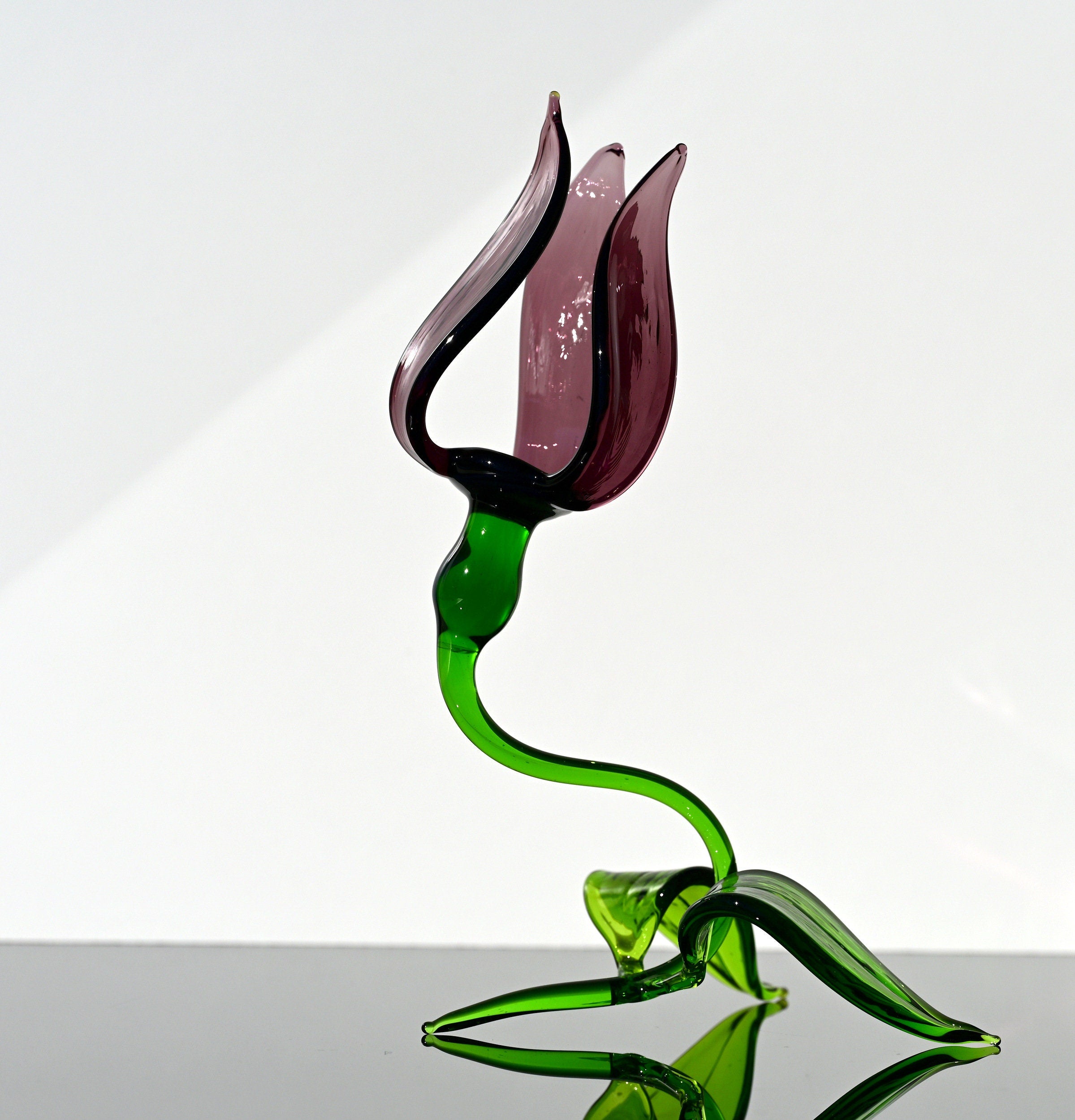 Glass Flower Sculpture, Glass Sculpture - Purple Blown Glass Tulip - Glass Birth Month Flower with Stem - Whimsical Decor Gift for Her
