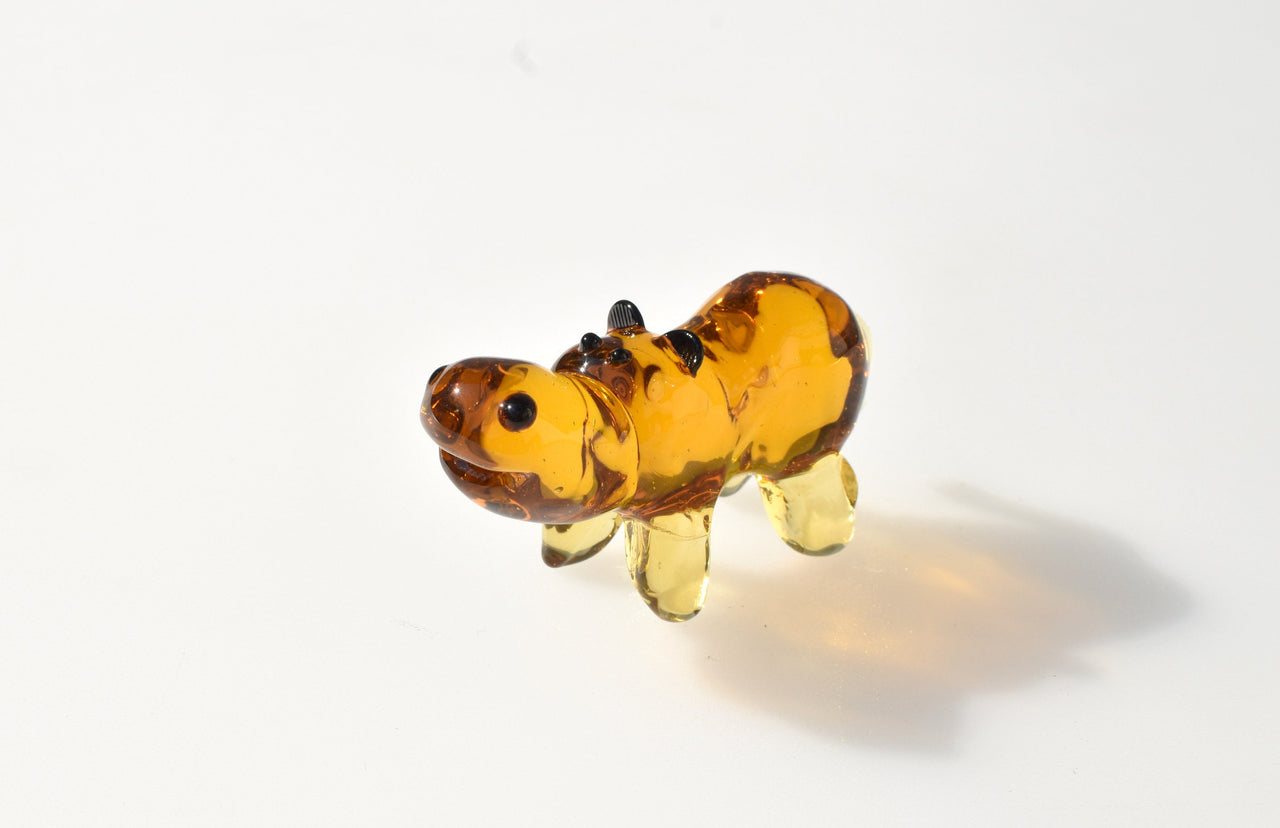 Amber Glass Hippo Figurine – Handcrafted Animal Sculpture, Unique Collectible Gift