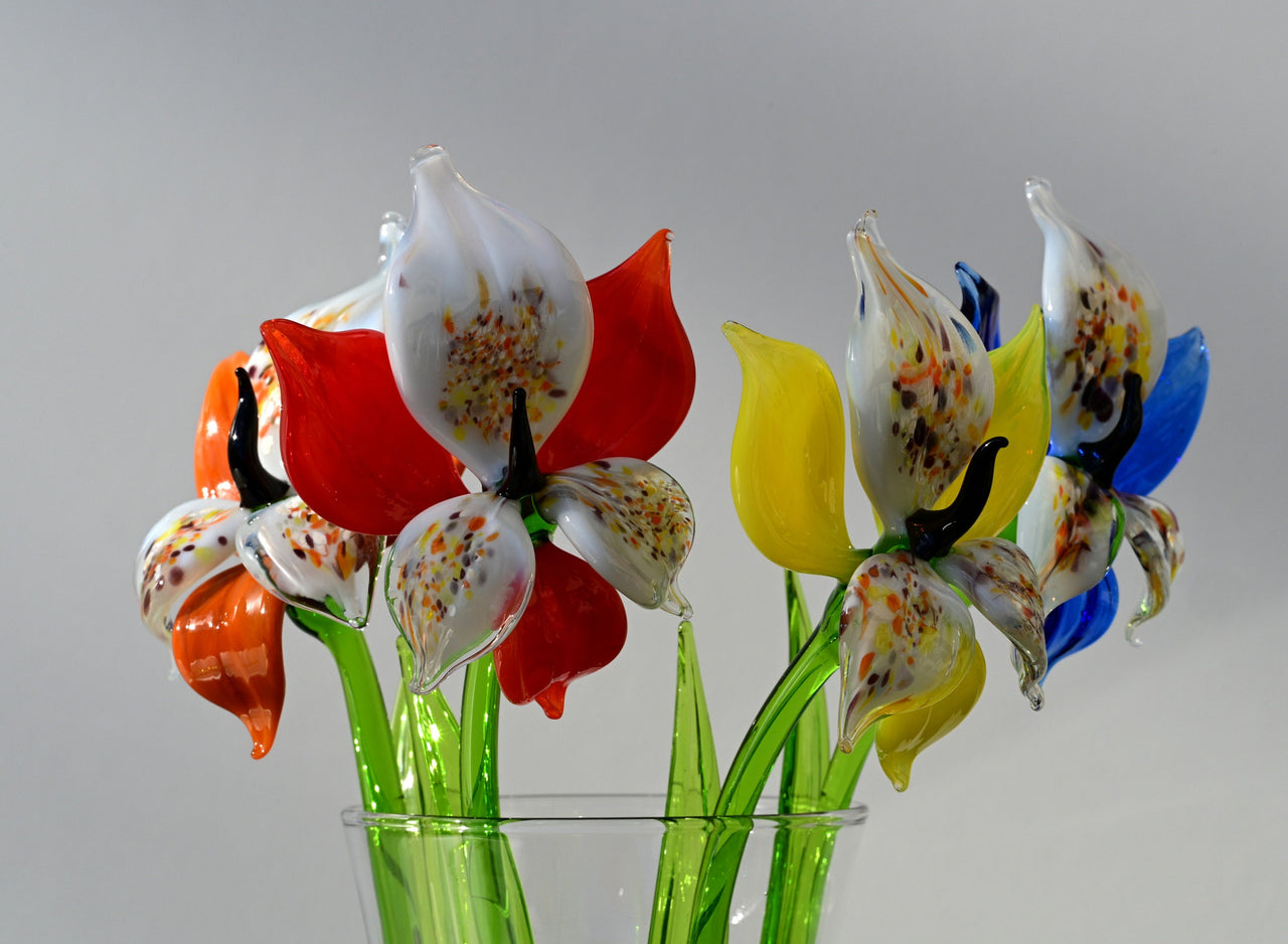 Handmade Glass Orchid Bouquet: Colorful Flame-Worked Flowers, 14 Inch