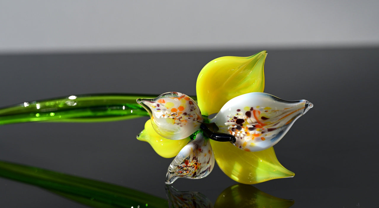 Handmade Yellow Glass Orchid Flower: Flame Worked Sculpture, 14 Inch