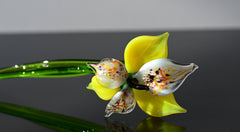 Handmade Yellow Glass Orchid Flower: Flame Worked Sculpture, 14 Inch