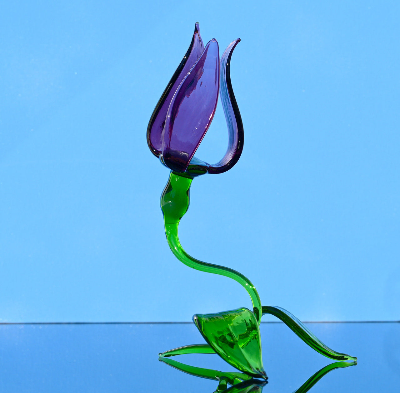 Handmade Purple Glass Tulip Flower Sculpture: Collectible Art Glass