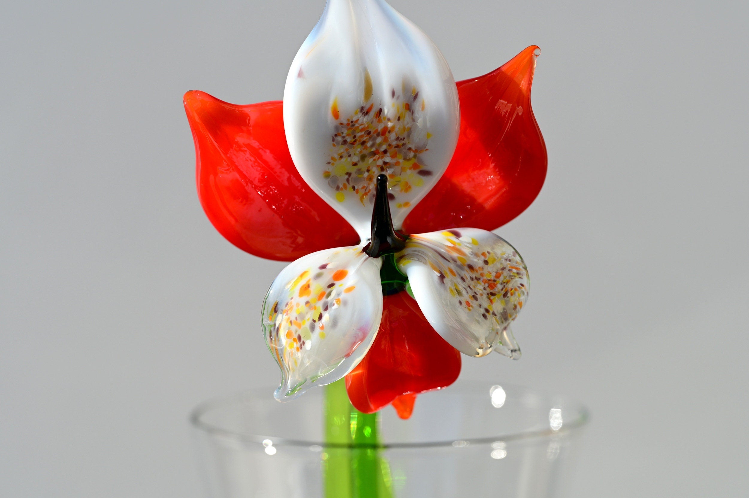 Handmade Red-White Glass Orchid Flower: Collectible Sculpture