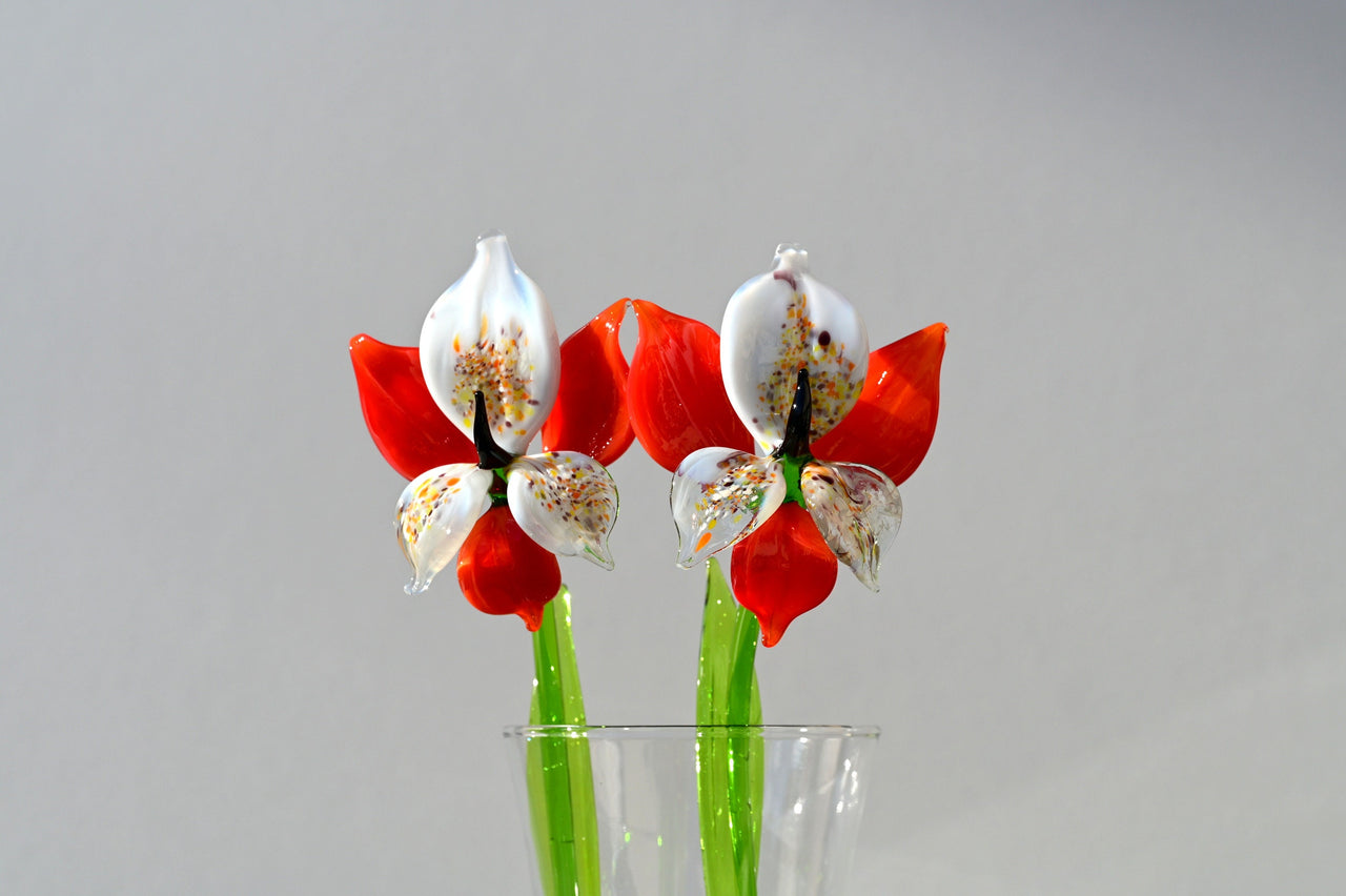 Handmade Red-White Glass Orchid Flower: Collectible Sculpture