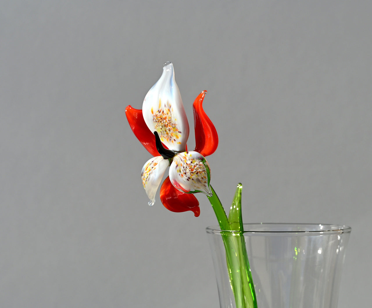 Handmade Red-White Glass Orchid Flower: Collectible Sculpture