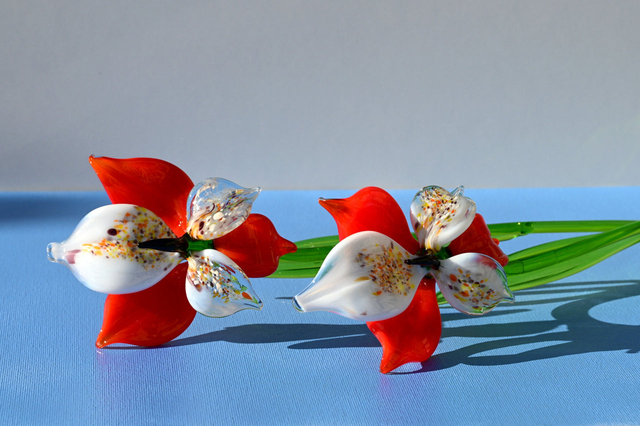 Handmade Red-White Glass Orchid Flower: Collectible Sculpture