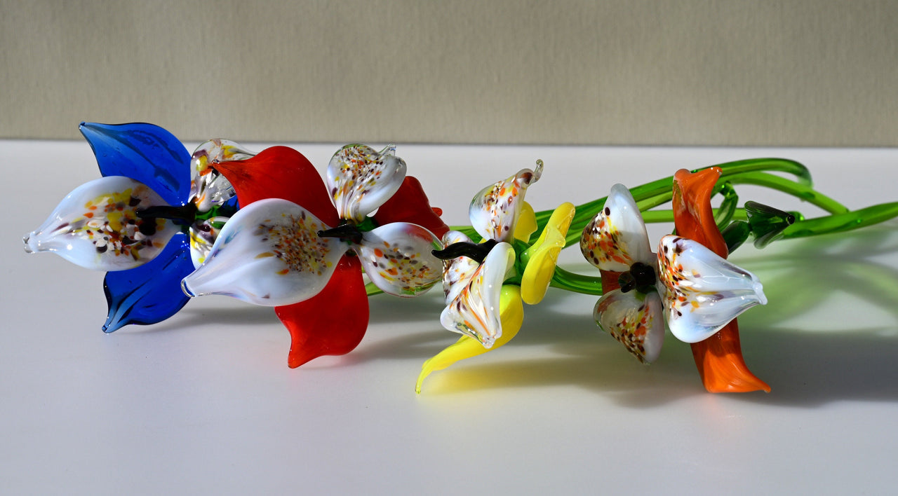 Handmade Glass Orchid Bouquet: Colorful Flame-Worked Flowers, 14 Inch