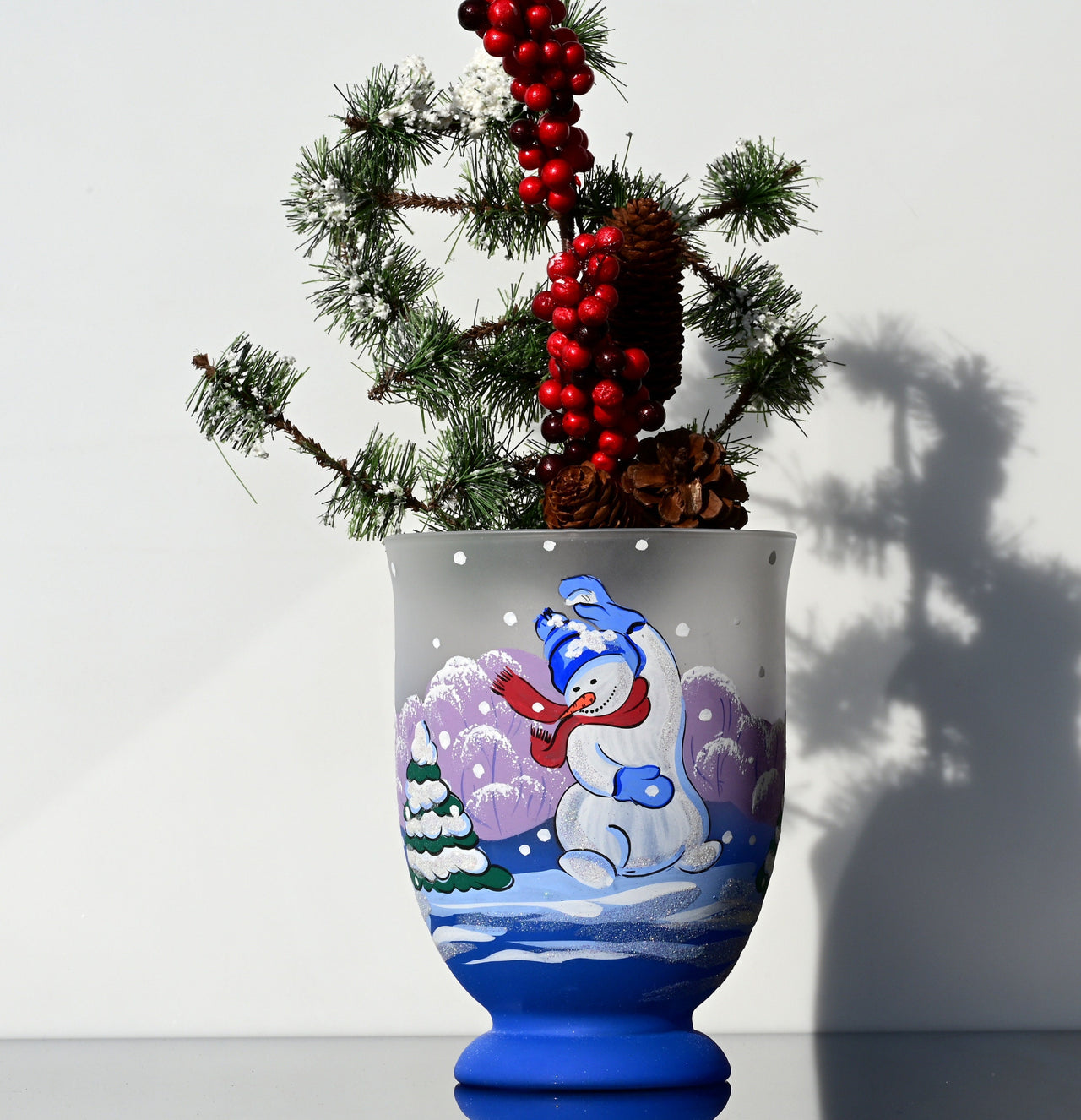 Christmas Vase: Handblown Frosted Glass Snowman Candle Holder