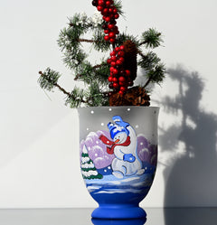 Christmas Vase: Handblown Frosted Glass Snowman Candle Holder