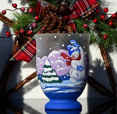 Christmas Vase: Handblown Frosted Glass Snowman Candle Holder