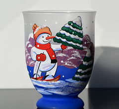 Christmas Vase: Handblown Skiing Snowman Frosted Glass Candle Holder